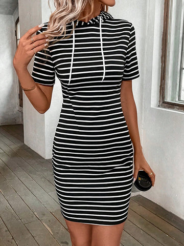 Women's Striped Drawstring Short Sleeve Dress