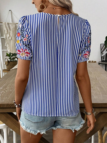 LUNE Women's Striped Embroidered Puff Sleeve Short Sleeve Round Neck Summer Shirt