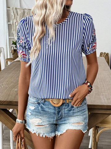 LUNE Women's Striped Embroidered Puff Sleeve Short Sleeve Round Neck Summer Shirt