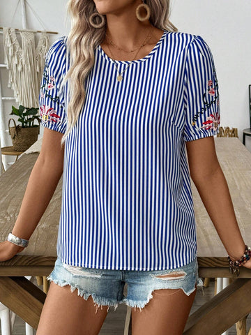 LUNE Women's Striped Embroidered Puff Sleeve Short Sleeve Round Neck Summer Shirt