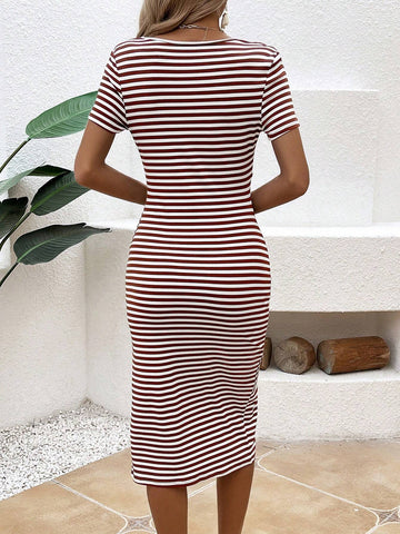 Women's Striped Knot Detail Square Neck High Side Split Casual Comfortable Dress