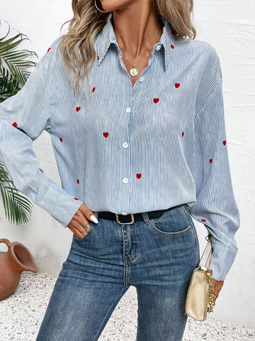 LUNE Women's Striped Printed Heart Embroidery Button Front Casual Long Sleeve Shirt