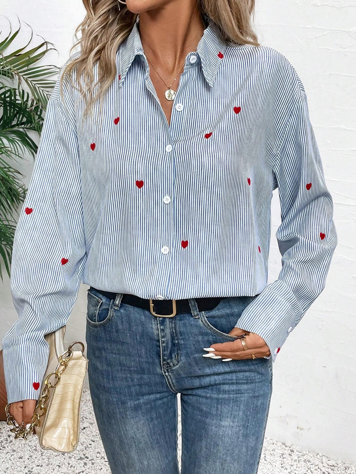 LUNE Women's Striped Printed Heart Embroidery Button Front Casual Long Sleeve Shirt