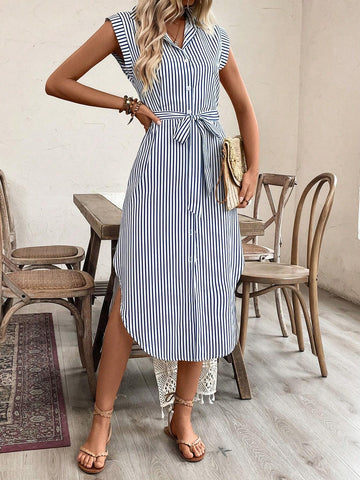 Women's Striped Shirt Collar Casual Dress