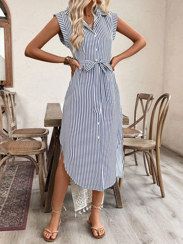 Women's Striped Shirt Collar Casual Dress
