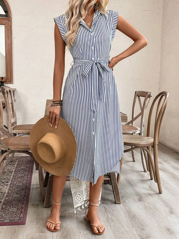 Women's Striped Shirt Collar Casual Dress