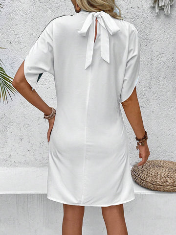 Women's Striped Stand Collar Batwing Short Sleeve Loose Dress