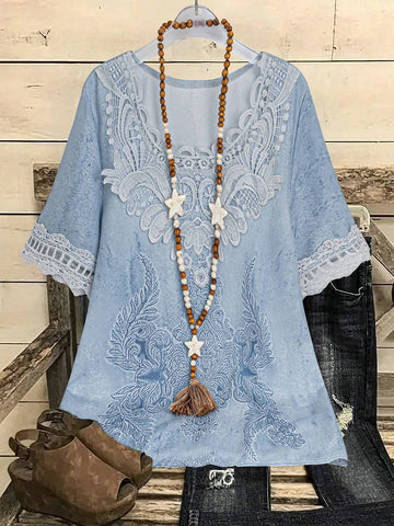 LUNE Women's Stylish Floral Shirt With Lace Collar Detail