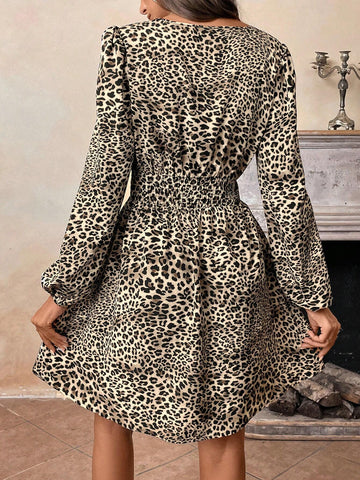 Women's Stylish V-Neck Long Sleeve Leopard Print Short Dress, Spring And Summer