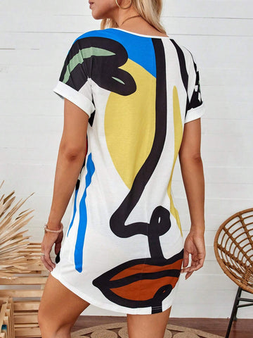 Women's Summer Abstract Face Printed Round Neck Short Sleeve T-Shirt Dress With Straight Cut