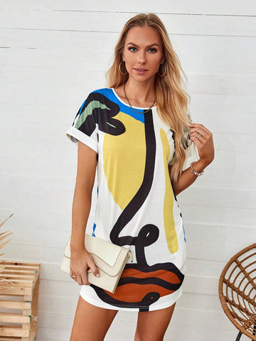 Women's Summer Abstract Face Printed Round Neck Short Sleeve T-Shirt Dress With Straight Cut