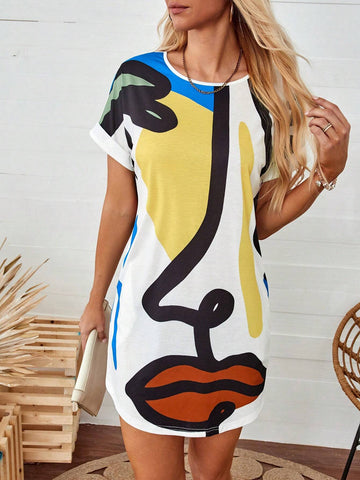 Women's Summer Abstract Face Printed Round Neck Short Sleeve T-Shirt Dress With Straight Cut