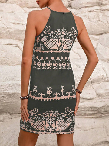 Women's Summer Allover Print Sleeveless Dress With Keyhole Back