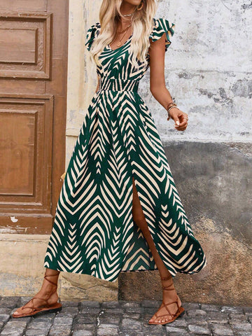 Women's Summer Allover Printed Dress With Ruffle Sleeves, High Waist And Split Hem