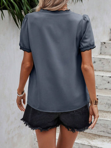 LUNE Women's Summer Arc Collar V Neck Ruffled Short Puff Sleeve Elegant Blouse