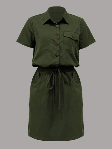 Women's Summer Army Green Workwear Shirt Dress With Multiple Pockets, Short Length