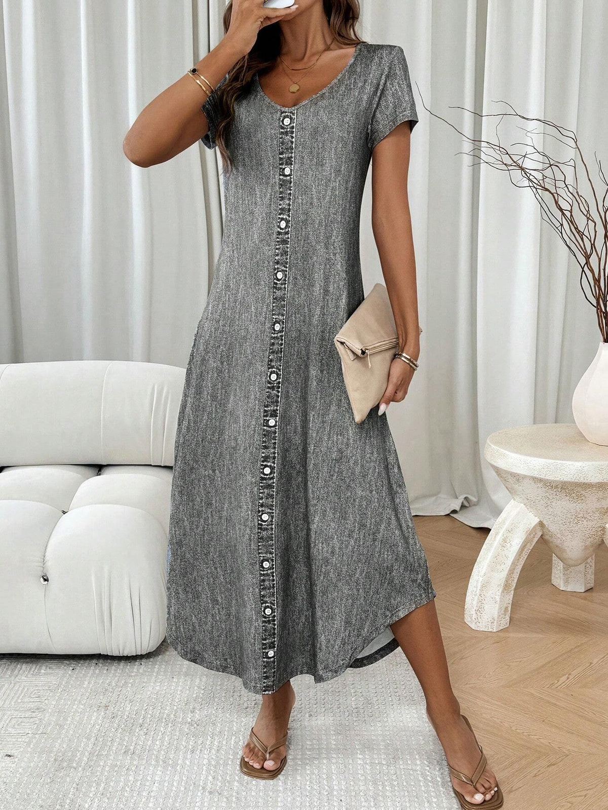 Women's Summer Casual Denim Printed V-Neck Short Sleeve Loose T-Shirt Dress