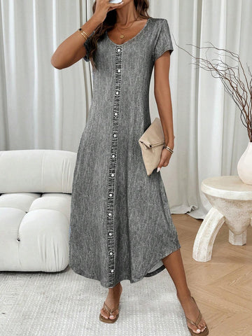 Women's Summer Casual Denim Printed V-Neck Short Sleeve Loose T-Shirt Dress