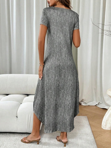 Women's Summer Casual Denim Printed V-Neck Short Sleeve Loose T-Shirt Dress