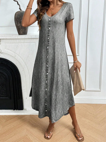 Women's Summer Casual Denim Printed V-Neck Short Sleeve Loose T-Shirt Dress