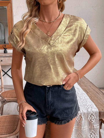 LUNE Women's Summer Casual Fashionable Metallic V-Neck Shirt