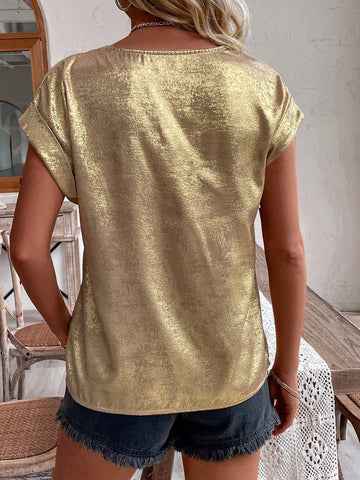 LUNE Women's Summer Casual Fashionable Metallic V-Neck Shirt