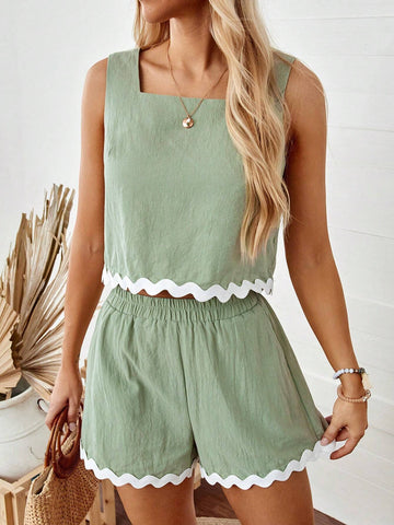 Women's Summer Casual Green Tank Top And Crop Pants 2pcs/Set