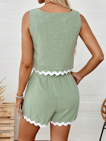 Women's Summer Casual Green Tank Top And Crop Pants 2pcs/Set