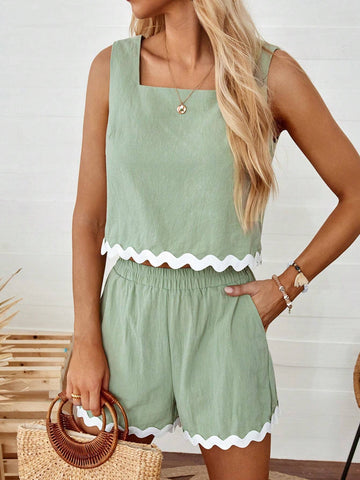 Women's Summer Casual Green Tank Top And Crop Pants 2pcs/Set