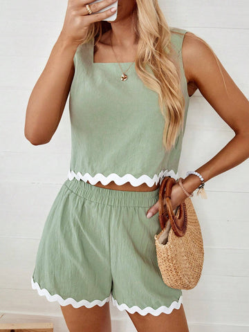 Women's Summer Casual Green Tank Top And Crop Pants 2pcs/Set