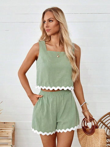 Women's Summer Casual Green Tank Top And Crop Pants 2pcs/Set