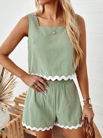 Women's Summer Casual Green Tank Top And Crop Pants 2pcs/Set