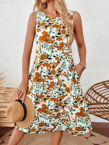 Women's Summer Casual Round Neck Floral Printed Dress With Dual Pockets