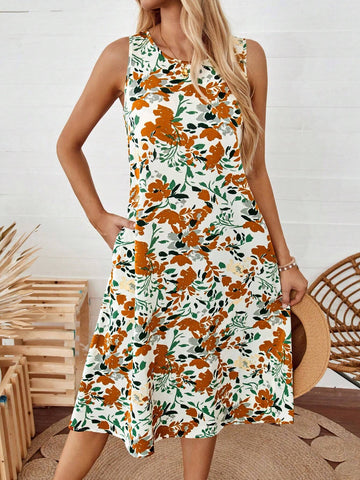 Women's Summer Casual Round Neck Floral Printed Dress With Dual Pockets