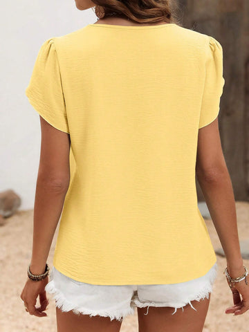 LUNE Women's Summer Casual Simple Solid Color Petal Sleeve Blouse