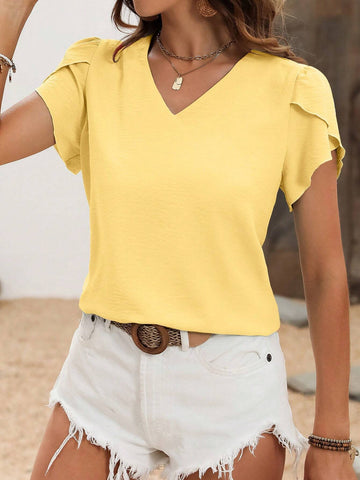 LUNE Women's Summer Casual Simple Solid Color Petal Sleeve Blouse