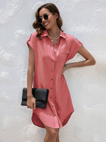 Women's Summer Casual Solid Color Front Button Roll-Up Sleeve Shirt Dress