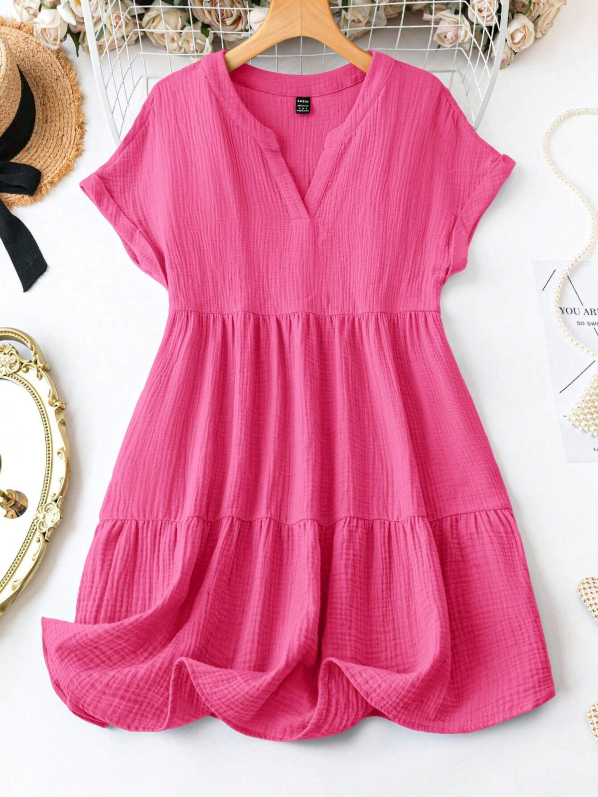Women's Summer Casual Solid Color V-Neckline Batwing Sleeve Dress