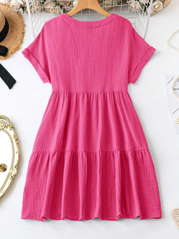 Women's Summer Casual Solid Color V-Neckline Batwing Sleeve Dress