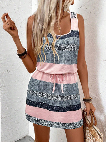 Drawstring Elastic Waist And Colorblock Design,Ladies