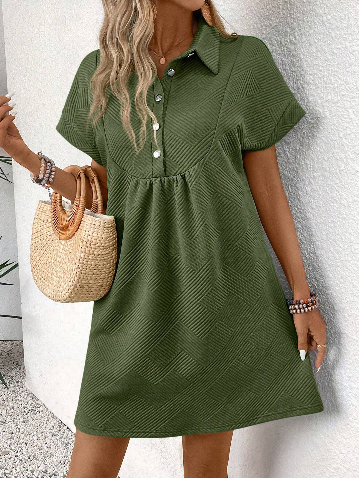 Women's Summer Casual Textured Half Placket Collared Dress