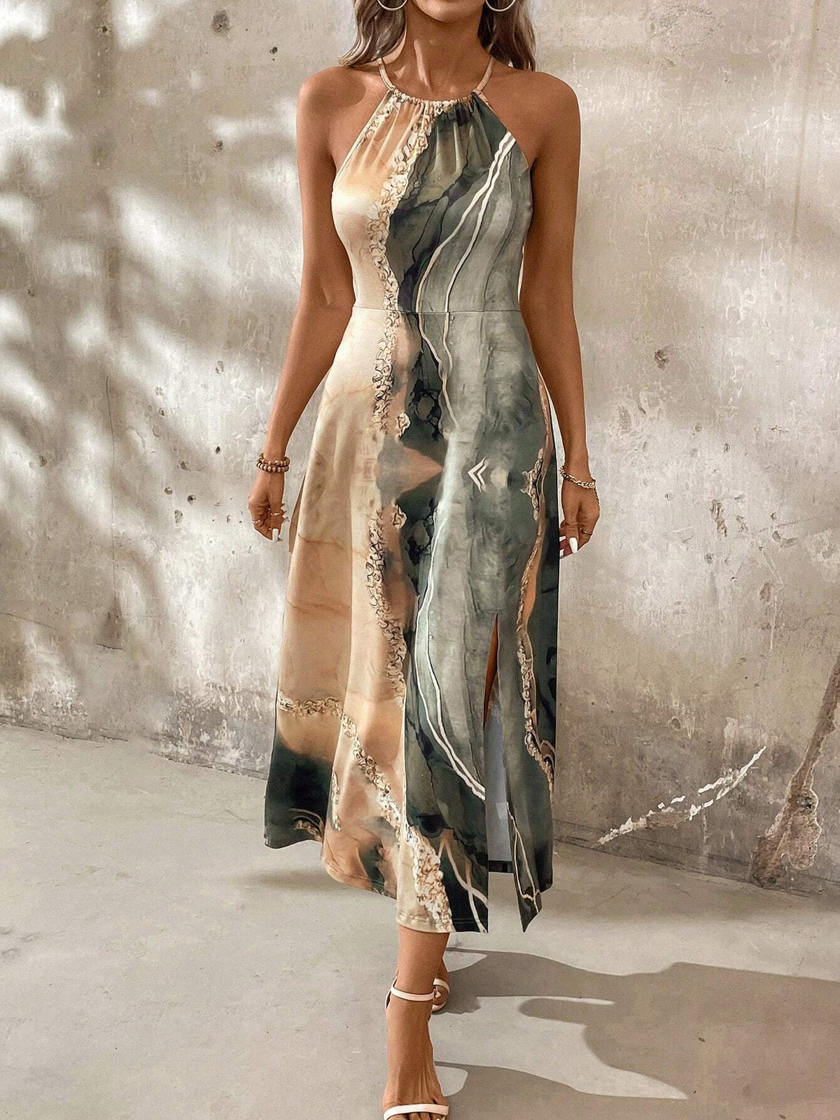 Women's Summer Casual Tie Dye Printed Split Halter Neck Dress