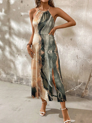 Women's Summer Casual Tie Dye Printed Split Halter Neck Dress