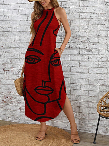 Women's Summer Casual V-Neck Sleeveless Dress With Abstract Face Print And Pockets