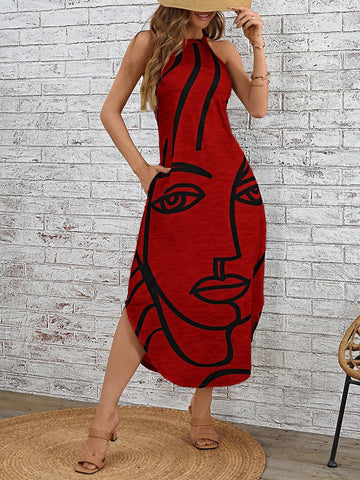 Women's Summer Casual V-Neck Sleeveless Dress With Abstract Face Print And Pockets