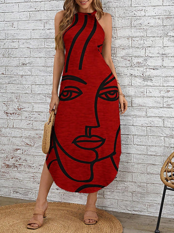 Women's Summer Casual V-Neck Sleeveless Dress With Abstract Face Print And Pockets