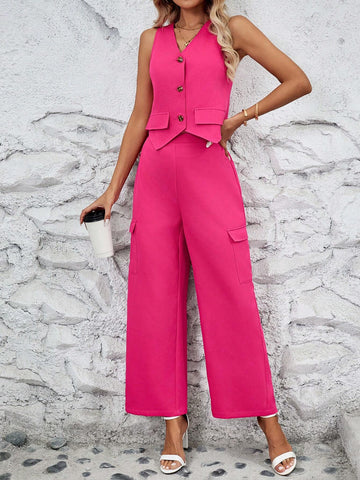 Women's Summer Casual Vest Top With Two Pocket Workwear Long Pants Two-Piece Set