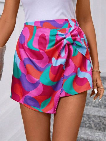 LUNE Women's Summer Colorful Geometric Color Block Twist Knot Skirt Shorts