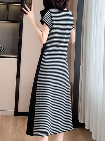 Women's Summer Crew Neck Short Sleeve Striped Straight Casual Dress