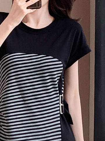 Women's Summer Crew Neck Short Sleeve Striped Straight Casual Dress